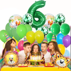 Kit ballons 6ème anniversaire safari avec tigre lion et chiffre 6 vert forêt