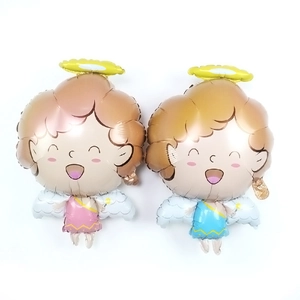 Pink and blue angel foil balloons with golden halos and wings for baby birthday party