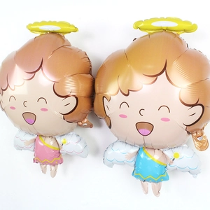 Pair of large cartoon angel foil balloons in pink and blue for baby birthday party decoration