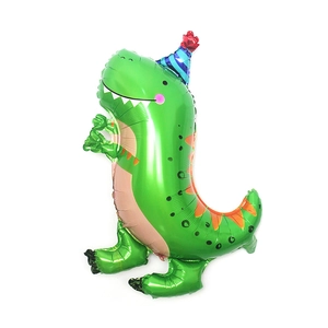 Cartoon green dinosaur foil balloon with party hat for birthday decoration