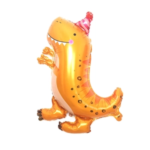 Orange dinosaur foil balloon with pink striped birthday hat for festive party decor