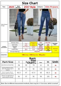 Size chart for slim fit stretch denim jeans with detailed fabric and measurement data