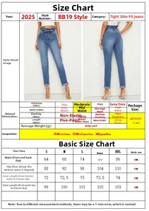 Size chart for sky blue skinny denim pants with high stretch and bowknot details
