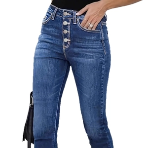 Women's high waist slim fit blue jeans with classic four-button fly and washed texture