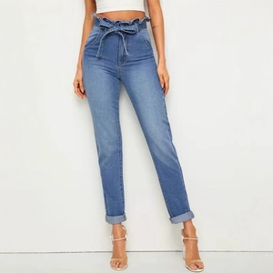 Women High Waist Paperbag Jeans Sky Blue Elastic Drawstring Pencil Denim Pants With Belt Rolled Hem Slim Fit Trousers