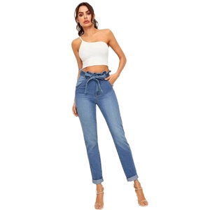 Women's blue slim fit jeans featuring paperbag waist with bow belt and cuffed hem