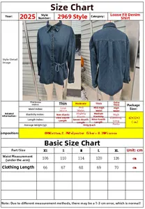 Guide des tailles détaillé pour chemise en jean décontractée avec laçage et composition