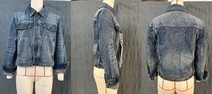 Three-view display of a vintage blue washed denim jacket with heavy distressing details