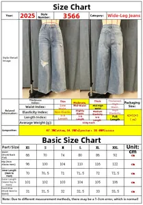Detailed size chart for light blue wide-leg ripped jeans showing XS to XXL measurements