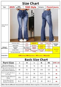 Guide des tailles détaillé pour jeans évasés taille haute et composition du tissu