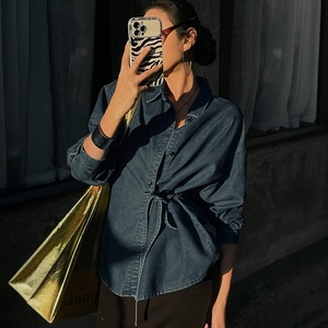 Chemise en Denim Décontractée pour Femmes Manches Longues Taille Lacée Blouse en Mélange de Coton Couleur Unie Vintage