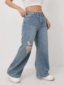 Close-up of distressed light blue wide-leg jeans showing ripped knee and denim texture