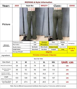 Size chart for high-waisted stretch flare jeans showing measurements from size S to XXL