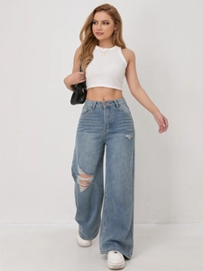 Close-up of light blue wide-leg jeans featuring distressed ripped knee details for women