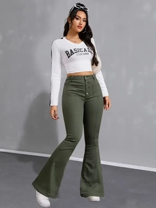 Army green high-waisted flare jeans featuring five-button closure and front stitch detail