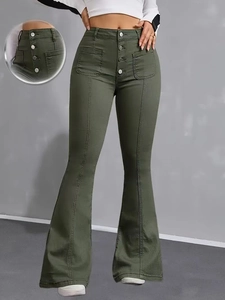 Close-up of army green high-waisted flare pants with metal button fly and seam detail