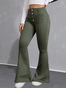 Detail of high-waist flared pants in olive green with multi-button fly and seam lines