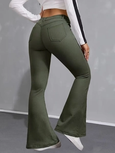 Detail shot of army green flare jeans showing high waist lift and slim back silhouette