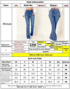 Size chart for high-waisted flare jeans detailing cotton fabric blend and measurements