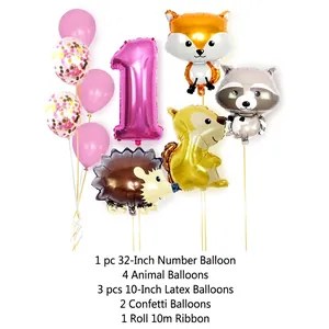 Pink number one forest animal balloon set for girls first birthday party decor