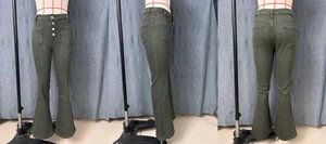 Front and back detail of high waist army green flared jeans with multi-button closure