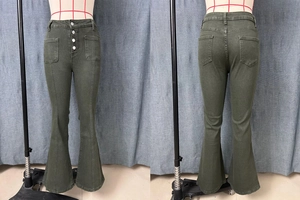 Detail view of military green flared denim trousers with high waist multi-button closure