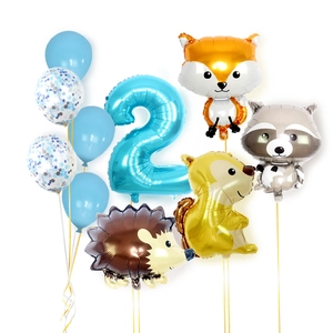 Set of 10 cartoon animal balloons with blue number 2 for boys 2nd birthday party decoration