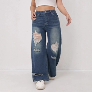 Vrouwen Hoge Taille Wijde Pijpen Gescheurde Jeans Loose Fit Distressed Retro Blauwe Denim Broek Katoenmix Streetwear Mode