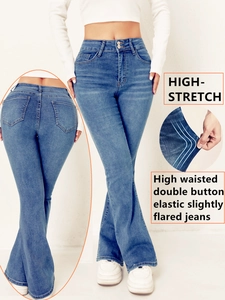 Detail of high-waisted double button closure and high-stretch fabric on flare jeans