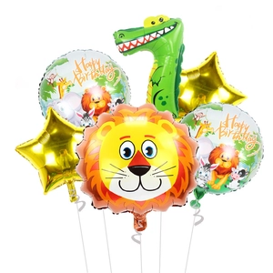 Detailed jungle animal balloon set with lion head and crocodile shapes for birthday decor