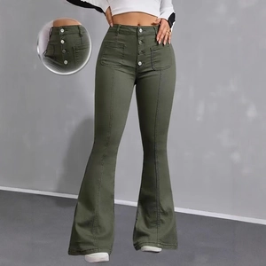 Women High Waist Flare Jeans Retro Multi Button Fly Stretch Denim Bell Bottom Pants With Front Pockets Slim Fit Trousers