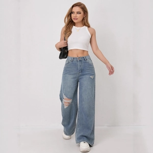 Women's light blue high-waisted wide-leg ripped jeans with heavy wash and loose fit