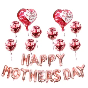 Kit ballons Happy Mother's Day or rose avec sequins rouges et ballons coeur en aluminium