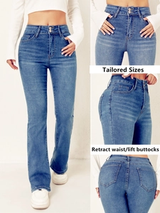 Detail of high waist flare jeans showing double button closure and butt lift design
