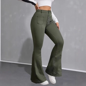 Olive green high waist flare jeans with button fly and slim fit stretch denim design