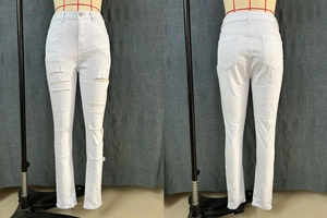 Vue avant et arrière du jean blanc taille haute déchiré avec détails usés tendance