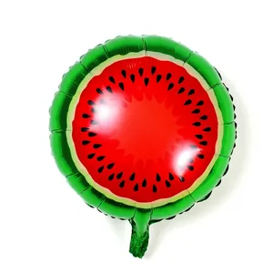 Round watermelon foil balloon featuring red pulp and green rind for summer parties