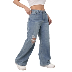Women's light blue high waist wide leg jeans with ripped knee and washed denim finish