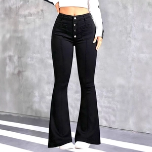 Women high waist black flared jeans featuring four silver buttons and front patch pockets