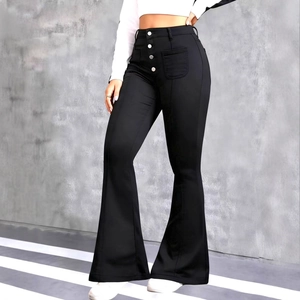 Women high waist black flare jeans with multi-button closure and front patch pockets
