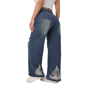 High waist jeans met wijde pijpen in donkerblauw met distressed details aan de achterkant