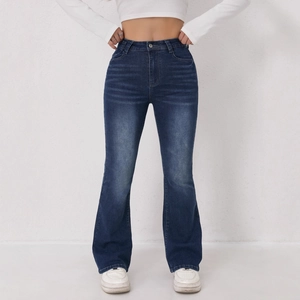 Jeans Évasés Taille Haute Bleu Rétro pour Femmes Coupe Ajustée Denim Extensible Délavé Pantalon Pattes d'Eph