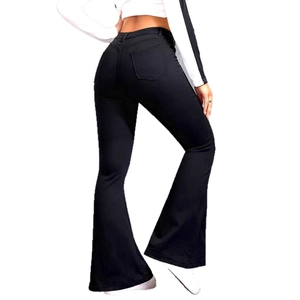 Slim fit high-waisted black flare jeans with elastic fabric and classic back pockets