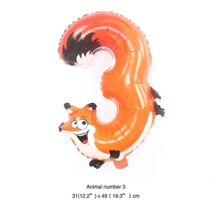 Orange fox shaped number 3 foil balloon for jungle theme birthday party 31x49cm