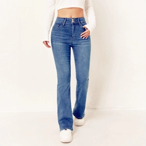 Women High Waisted Flare Jeans Vintage Blue Double Button Stretch Denim Pants Slim Fit Bootcut Trousers Casual Denim Jeans