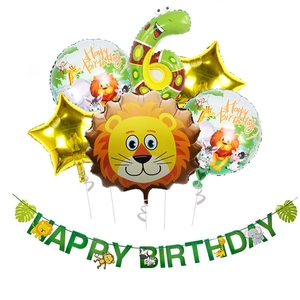 Jungle lion animal theme birthday party kit with number 6 balloon and green banner