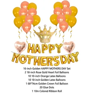 Rose gold Mother's Day balloon set with crown, heart foils and latex party decorations
