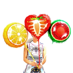Colorful 18-inch fruit foil balloons featuring strawberry orange and watermelon designs