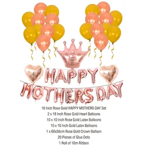 Rose gold Mother's Day balloon set with crown, heart foil, and metallic latex balloons