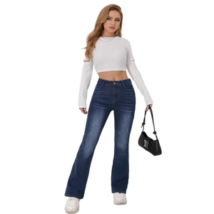 Jean évasé taille haute pour femme en denim bleu foncé délavé avec coupe stretch confort
